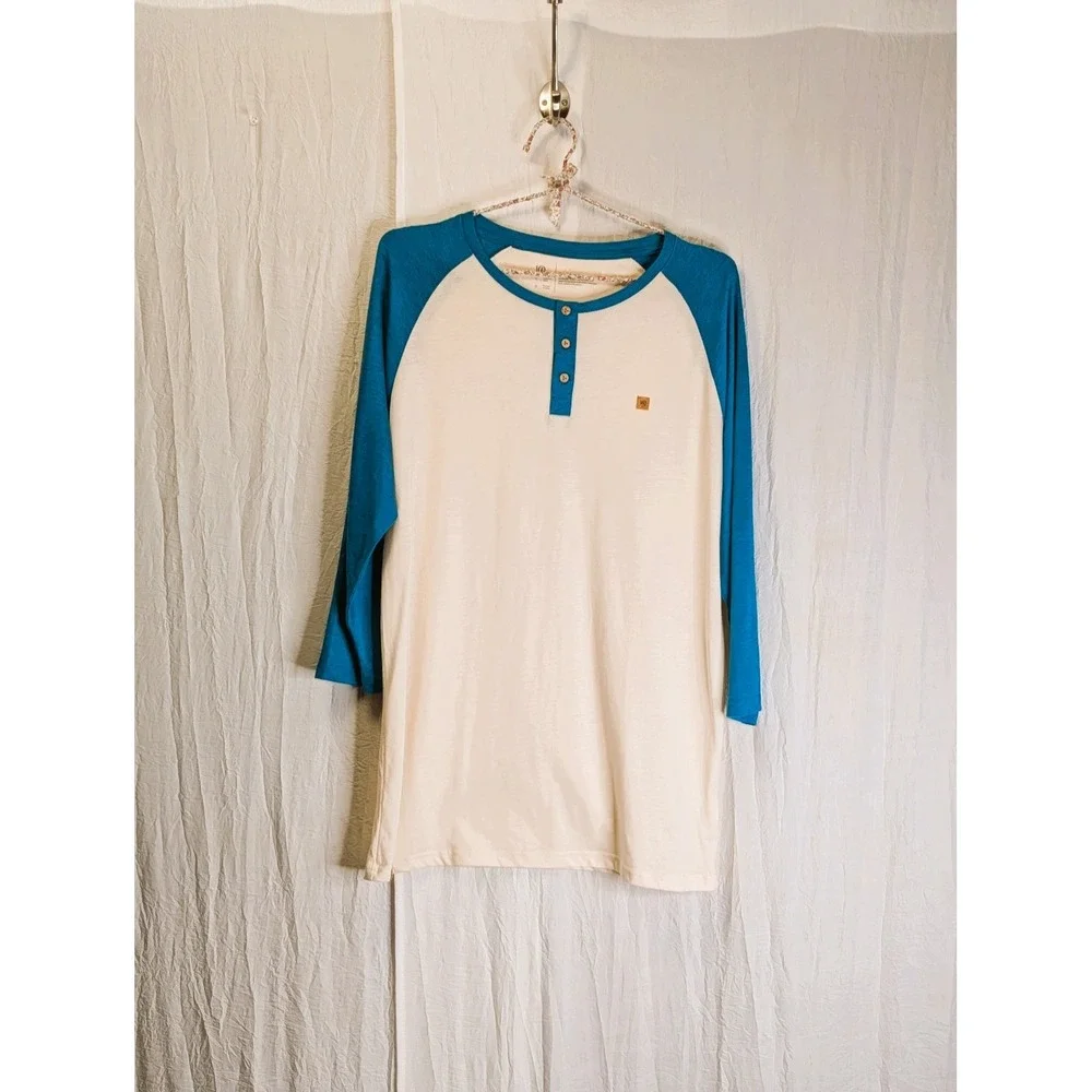 TreeBlend Classic Henley 3/4 Sleeves Teal & Ivory L Ethical Manufacturing